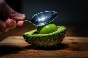 Illustration von einer Hand, die einen Esslöffel im präzisen Falttrick-Griff zwischen Daumen und Zeigefinger hält, während sie eine perfekte Kugel aus einer Avocado sticht.