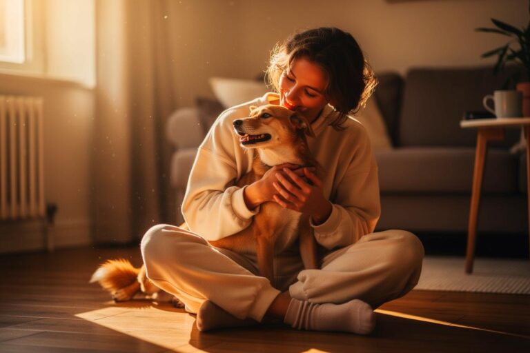Illustration von einem Hundebesitzer, der morgens zu Hause ruhig mit seinem sitzenden Hund kuschelt, während im Hintergrund eine entspannte Spaziergangsszene zu sehen ist.