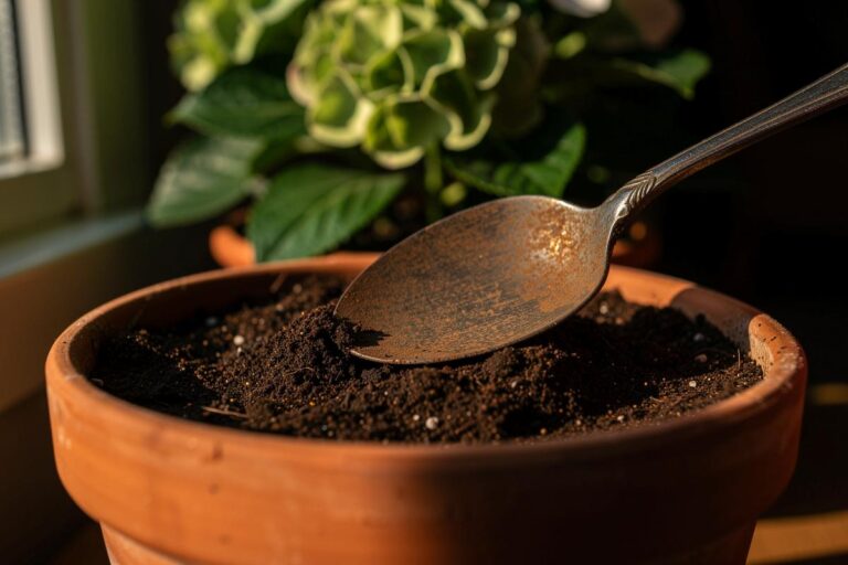 Illustration von einem silbernen Löffel, der in der Erde eines üppig grünen Blumentopfs steckt.