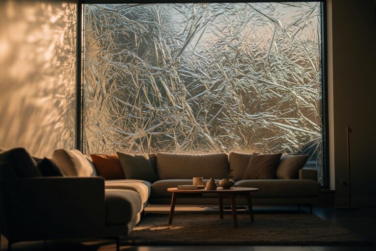 Illustration von einer modernen Wohnzimmerfensterscheibe, die mit strukturierter Alufolie beklebt ist und sanftes, diffuses Licht in den Raum wirft.