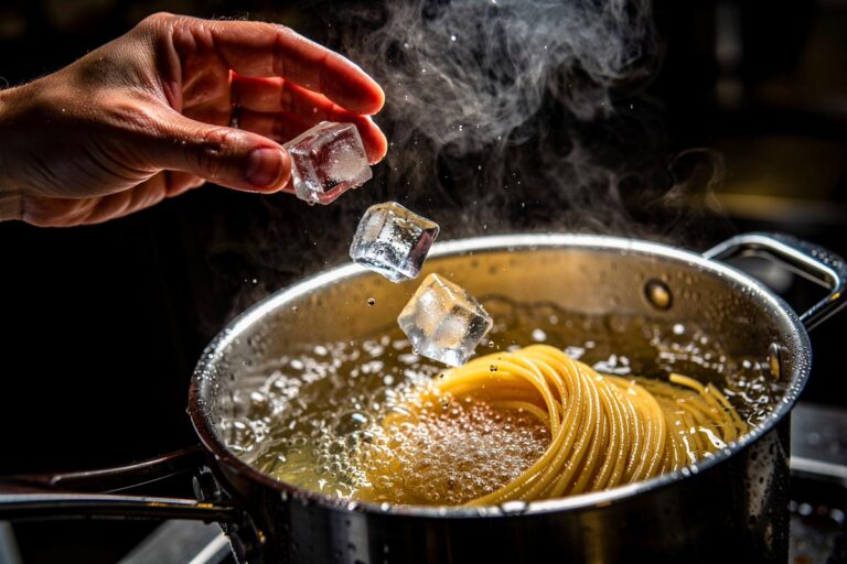 Illustration von Eiswürfeln, die in einen Topf mit kochenden Nudeln fallen, während eine Hand sie hineingibt.