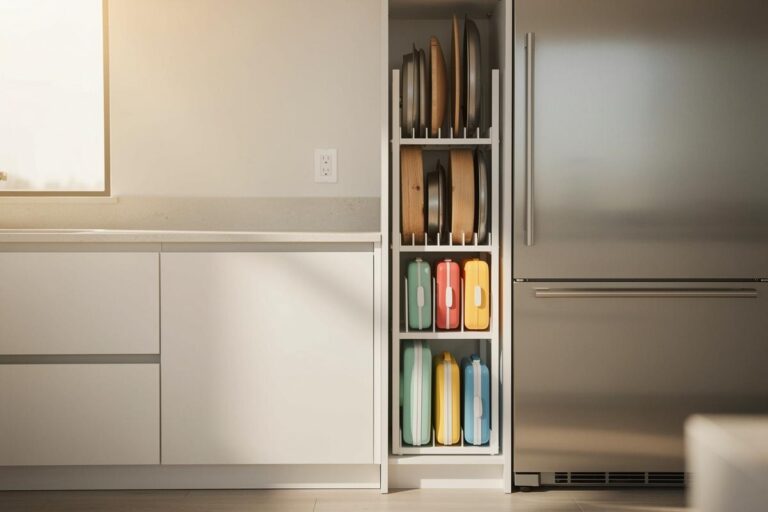Illustration von einem schmalen, weißen Schuhregal in einer modernen Küche, das mit Backblechen, Schneidebrettern und Lunchboxen gefüllt ist und platzsparend in einer Nische steht.