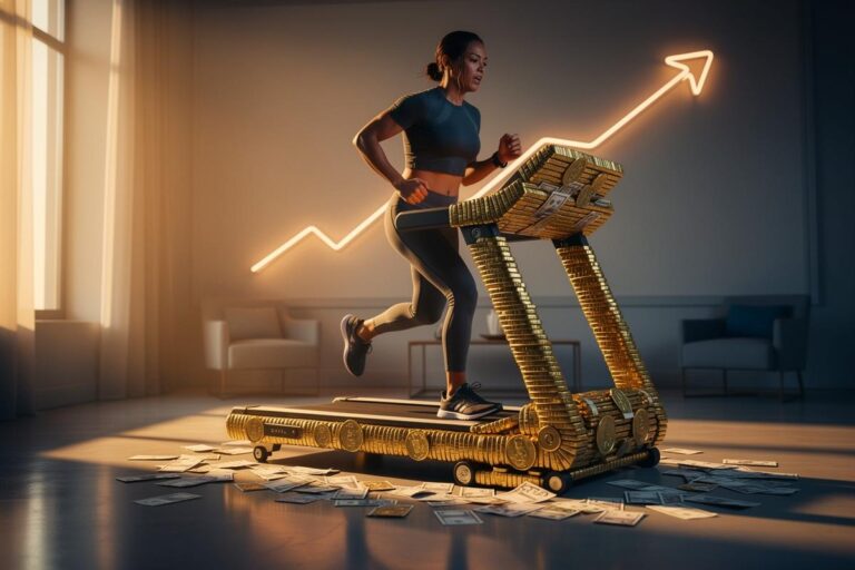 Illustration von einer Person, die auf einer endlosen Geld-Tretmühle rennt, während im Hintergrund die Kurve des Glücksempfindens mit steigendem Einkommen abflacht.