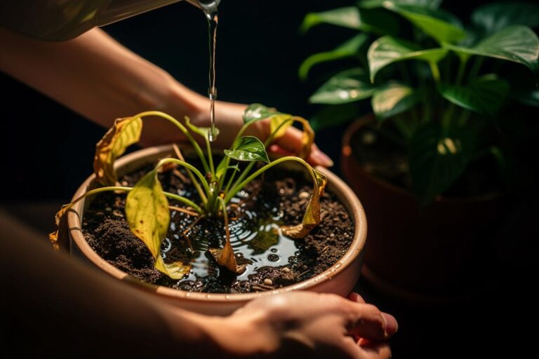 Illustration von einer Person, die eine verwelkte Pflanze in einem Topf mit sichtbarer Staunässe gießt, während eine gesunde Pflanze daneben steht.