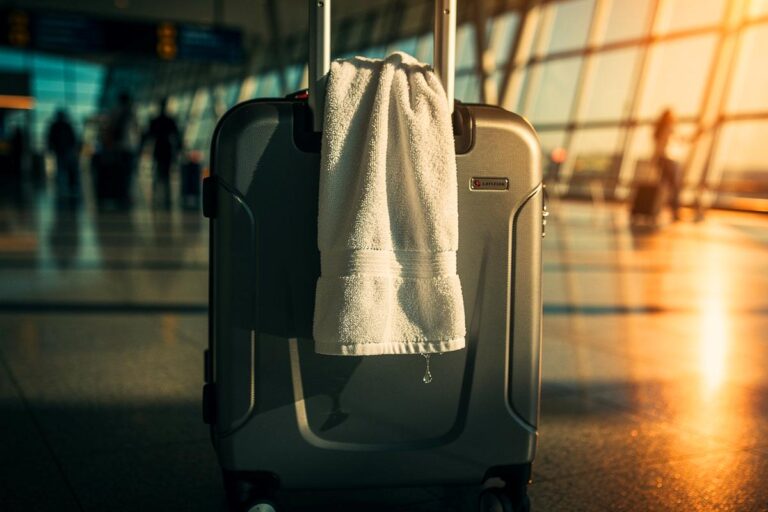 Illustration von einem Reisekoffer mit einem nassen, weißen Handtuch um den Griff gewickelt, vor dem Hintergrund eines Flughafenterminals.