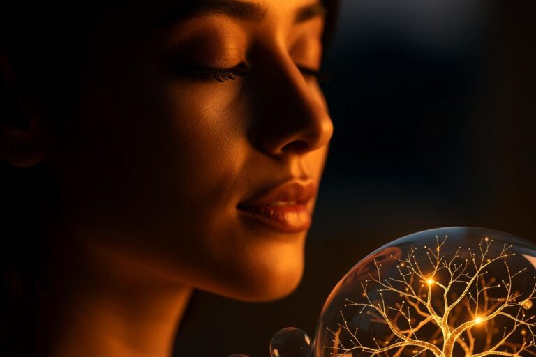 Illustration einer Person, die vor einem Gespräch bewusst die Augen schließt und öffnet, während im Hintergrund stilisierte Gehirnaktivität und ein ruhiger Gesprächsverlauf visualisiert werden.