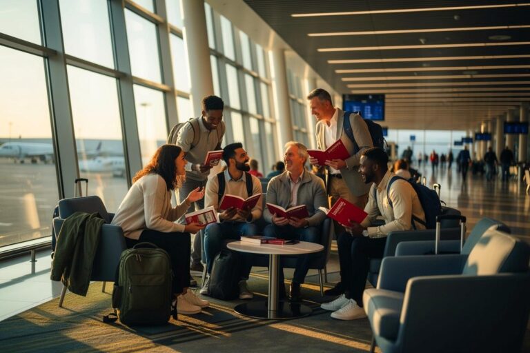 Illustration von Reisenden mit einem leuchtend roten Reiseführer im Handgepäck am Flughafen, die sich über ihre Entdeckungen austauschen.