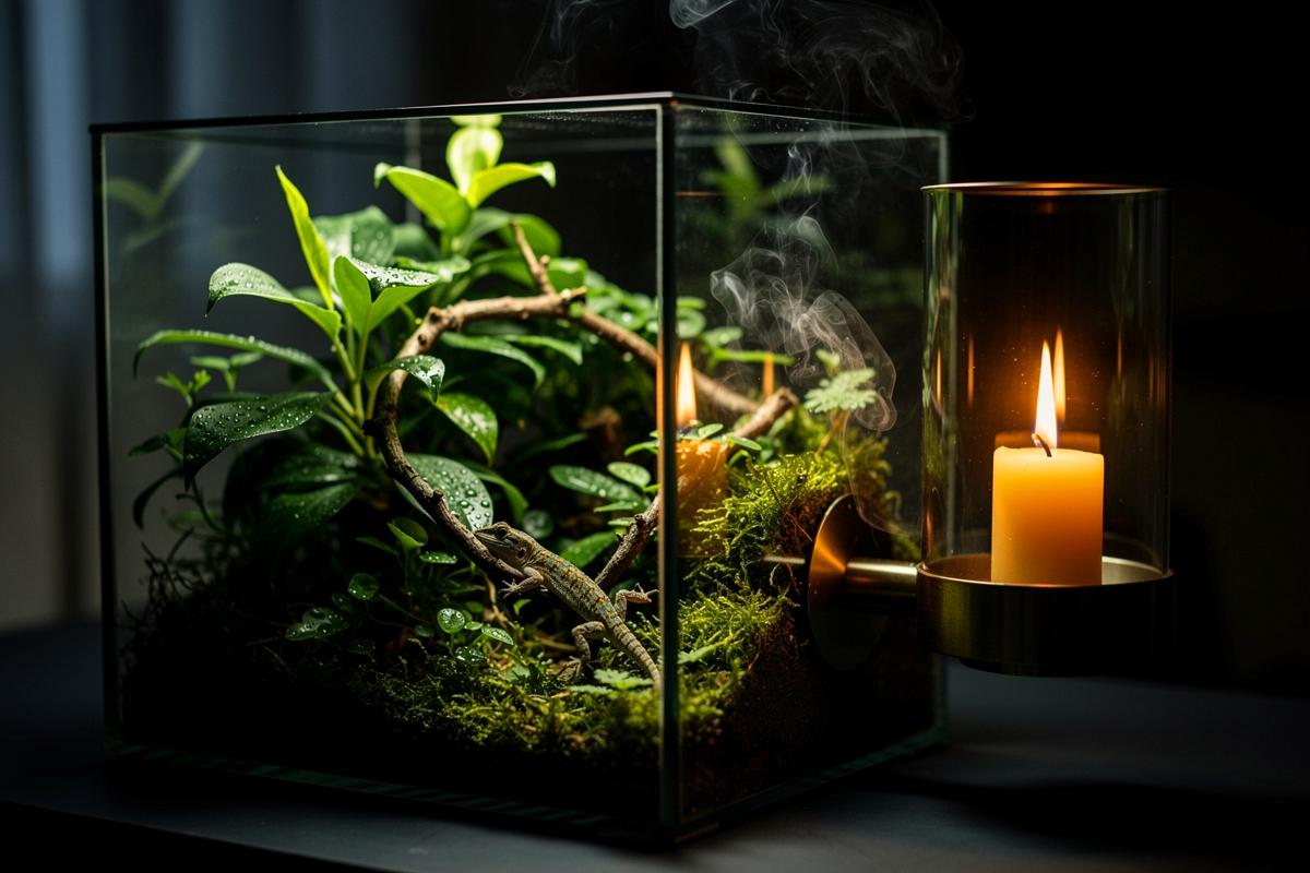 Illustration von einer Kerze in einem separaten Glasbehälter, die an ein dicht bepflanztes Terrarium mit einem Gecko angeschlossen ist, wobei warmes Licht und leichter Dampf das Mikroklima beeinflussen.