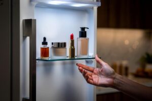 Illustration von geöffnetem Kühlschrank mit verschiedenen Make-up-Produkten wie Seren, Cremes und Lippenstiften auf einem Fach