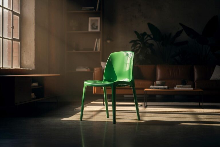 Illustration von einem stylischen urbanen Wohnraum, in dem bunte Plastikstühle als designstarke Akzentmöbel im Mittelpunkt stehen.