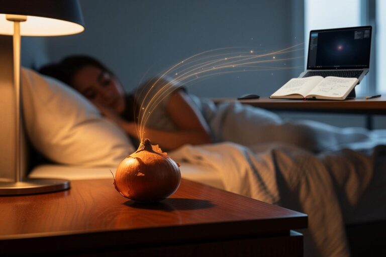 Illustration von einer ungeschälten Zwiebel auf einem Nachttisch neben einem schlafenden Menschen, von dem produktive Energie-Symbole ausgehen.