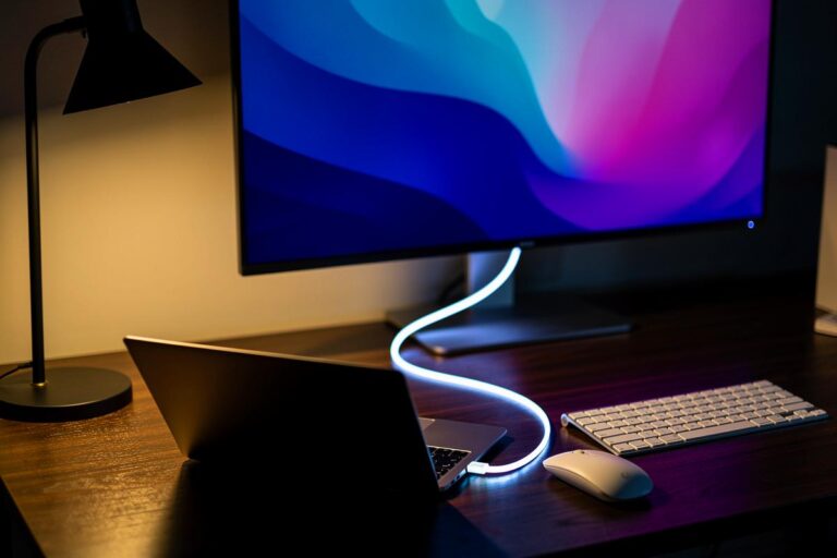 Illustration von einem modernen hybriden Schreibtischsetup mit einem Laptop, der sowohl über ein sichtbares USB-C-Kabel mit einem Monitor verbunden ist als auch kabellos mit Maus und Tastatur kommuniziert, um das Spannungsfeld zwischen drahtloser Freiheit und kabelgebundener Leistung zu visualisieren.